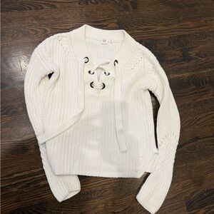 GAP White V-Neck Lace-Up Sweater